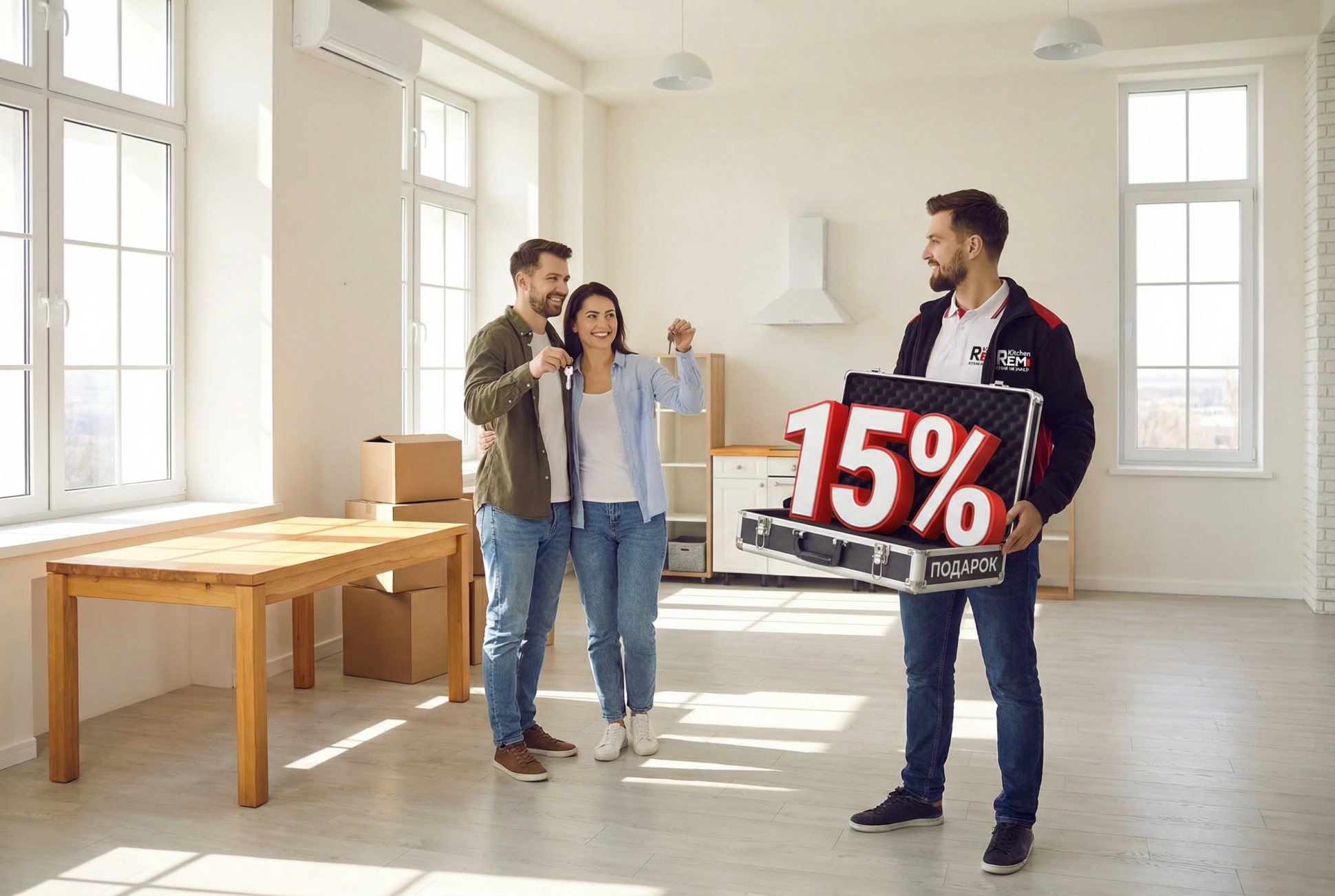 Только для новоселов мы дарим дополнительную скидку 15% на заказ любой кухни от нашей фабрики!