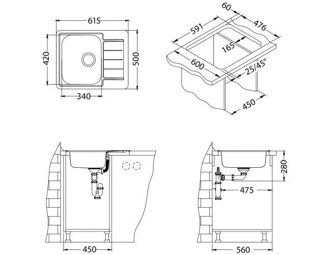 Мойка для кухни Alveus LINE 110 NAT 90 FI 615X500 в компл. с сифоном 1130551